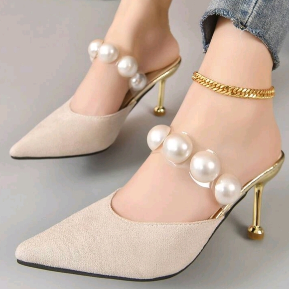 New Fashion Golden Pearl Decorated Elegant High Heels Party Shoes For Women - Picture 6 of 8